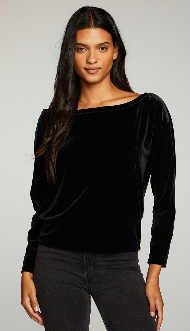 Sale Chaser Stretch Velvet Long Sleeve Off Shoulder Dolman Pullover Black Top Medium